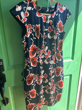 Banana Republic Navy Floral Midi Dress with Red and White Blooms